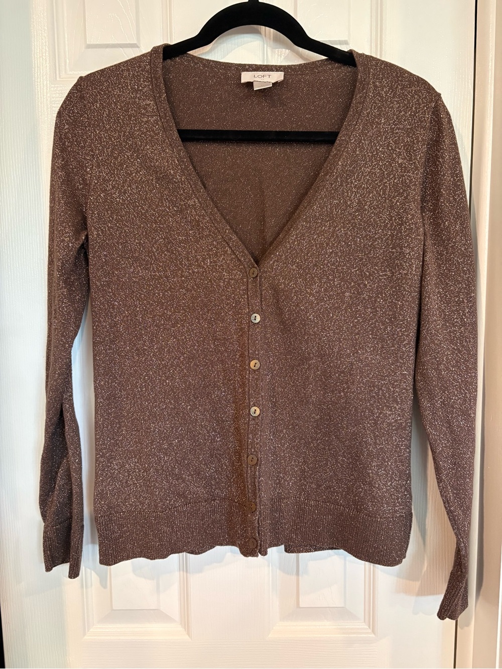 LOFT Metallic Brown V-Neck Button Cardigan